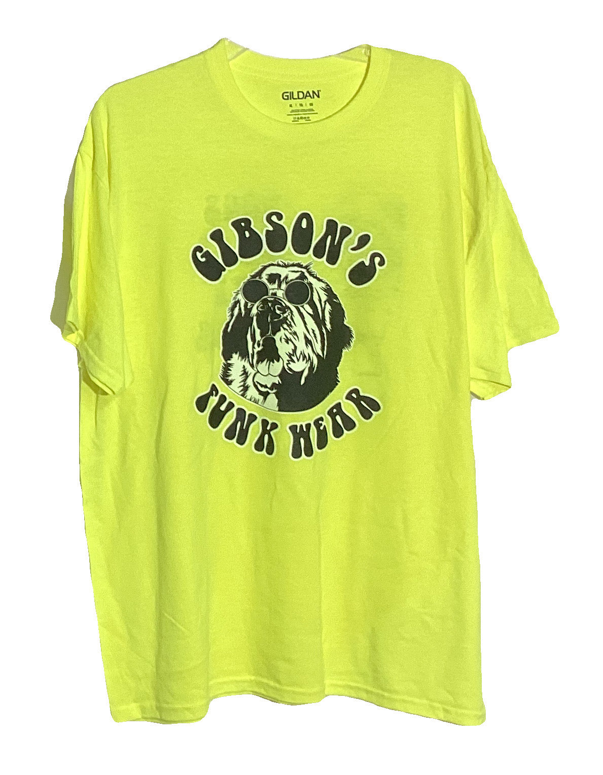 Bright electric lemon colored t-shirt by Gibsons Funk Wear featuring a large black print of a dog with sunglasses and the text "GIBSON'S FUNK WEAR".