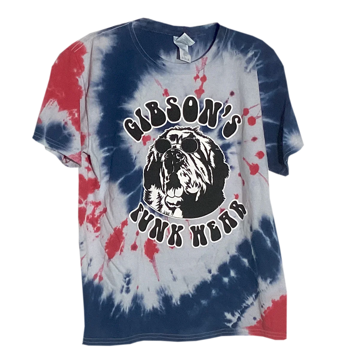 Red, white, and blue tie-dye T-shirt with a central graphic featuring a dog wearing sunglasses and the text "Gibson's Funk Wear" on a white banner.