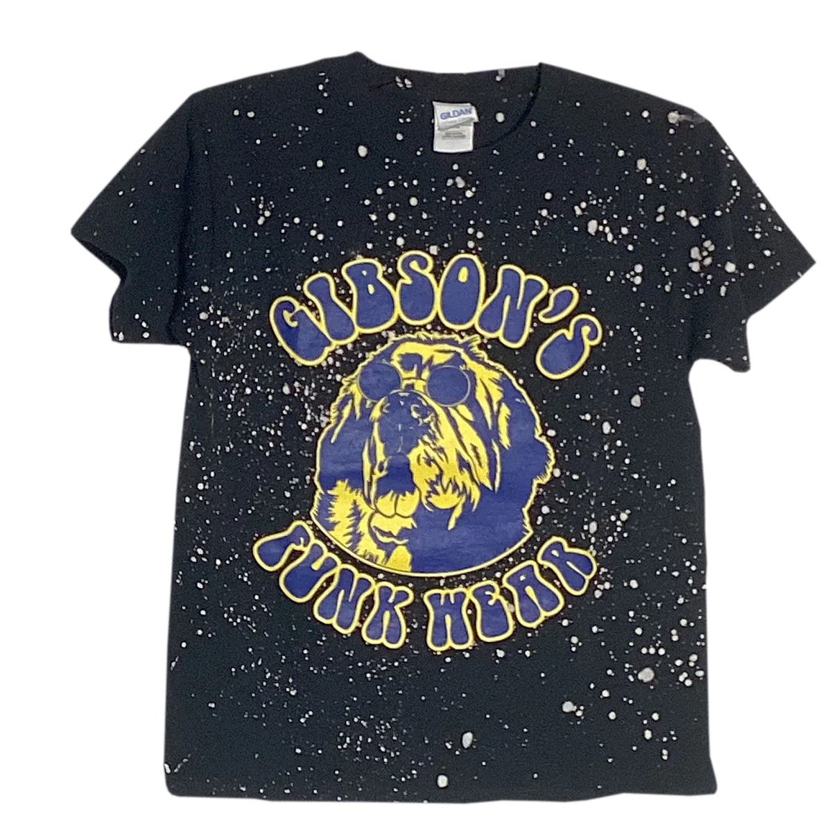 Black T-shirt featuring a yellow and blue graphic of a shaggy dog wearing sunglasses with the text "Gibson's Funk Wear" surrounded by white splatter pattern.