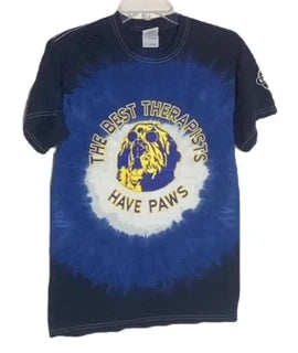 Alt text: "Abyss Bullseye" tie-dye T-shirt by Gibson's Funk Wear featuring a dark blue and white color with the phrase 'The Best Therapists Have Paws' encircling an illustration of a golden retriever